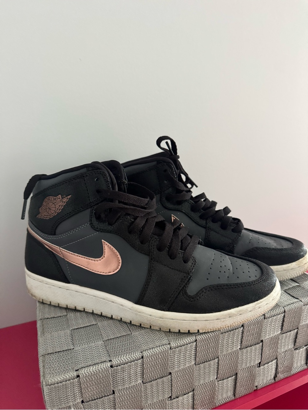 Jordan Mid-Top Sneakers in Black with Rose Gold Swoosh